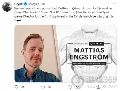 《孤岛危机4》迎新游戏总监mattias engström：曾担任《杀手3》总监